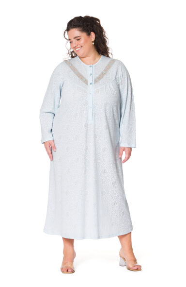 POLLINA - CAMICIA DA NOTTE CON CARRÈ E PIZZO, IN JERSEY JACQUARD
